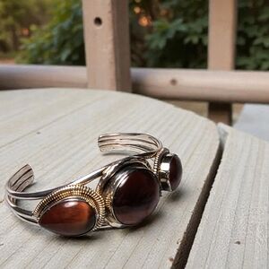 Tigers Eye And Sterling Silver Hefty Statement Cuff Bracelet